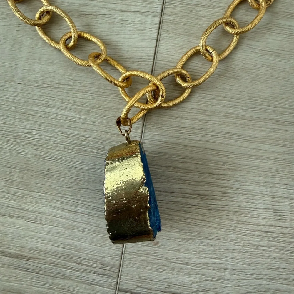 Chunky link necklace and bracelet set with blue quartz geode pendant boho - Picture 3 of 8